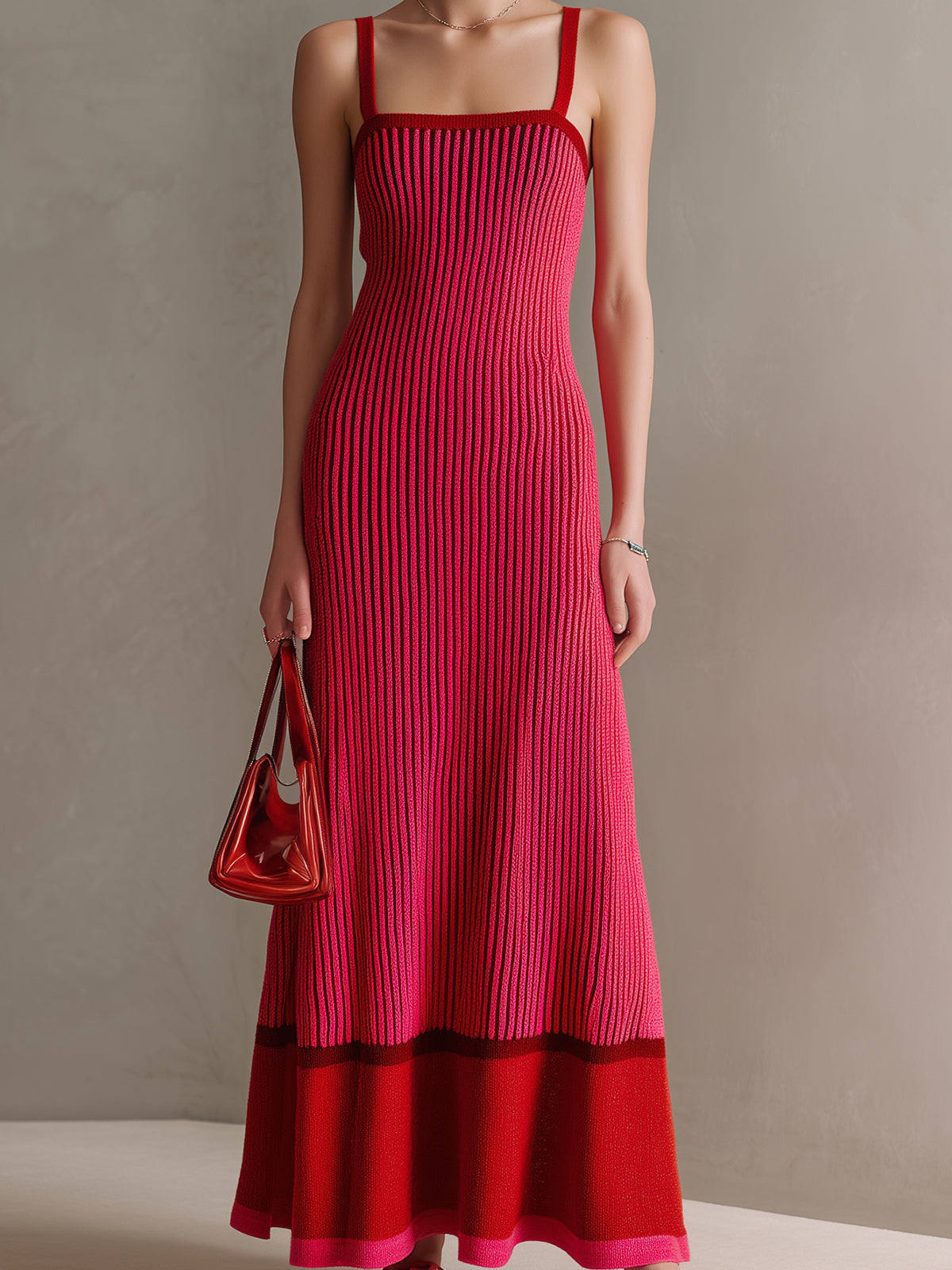 Chic Elegant Hot Pink-Red Colorblock Thin Straps Square Neck Sleeveless Tailored Waist A-Line Ribbed Knit Maxi Dress