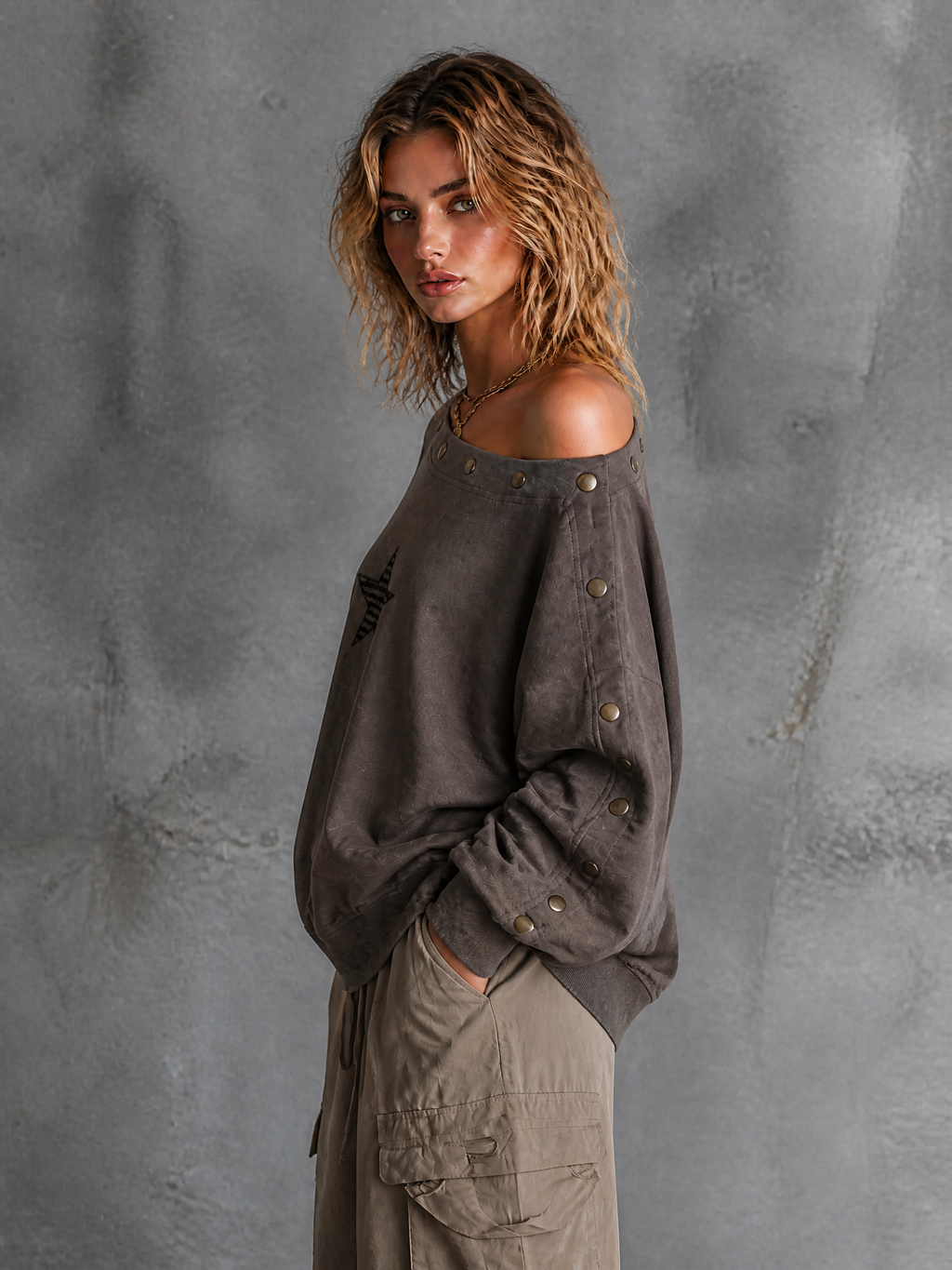 Chic Casual Charcoal Grey Off Shoulder Buttons Trim Star Embroidery Long Sleeve Loose-Fit French Terry Sweatshirt