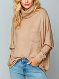 Casual Chic Camel Cowl Neck Single-Pocket Slouchy Batwing Sleeve Knit Sweater