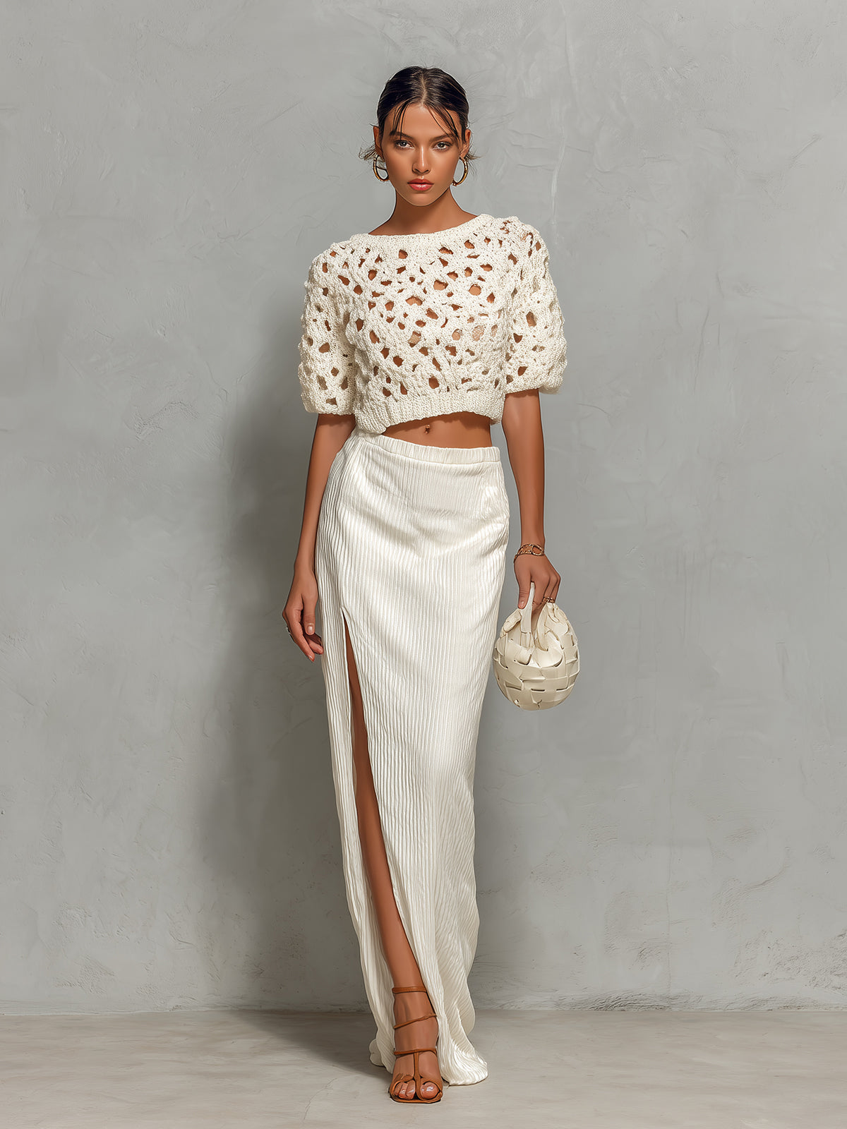 Chic Elegant Cream White Round Neck Half Sleeve Loose-Fit Hollow Out Cropped Top Striped Side-Slit Maxi Skirt Two-Piece Set