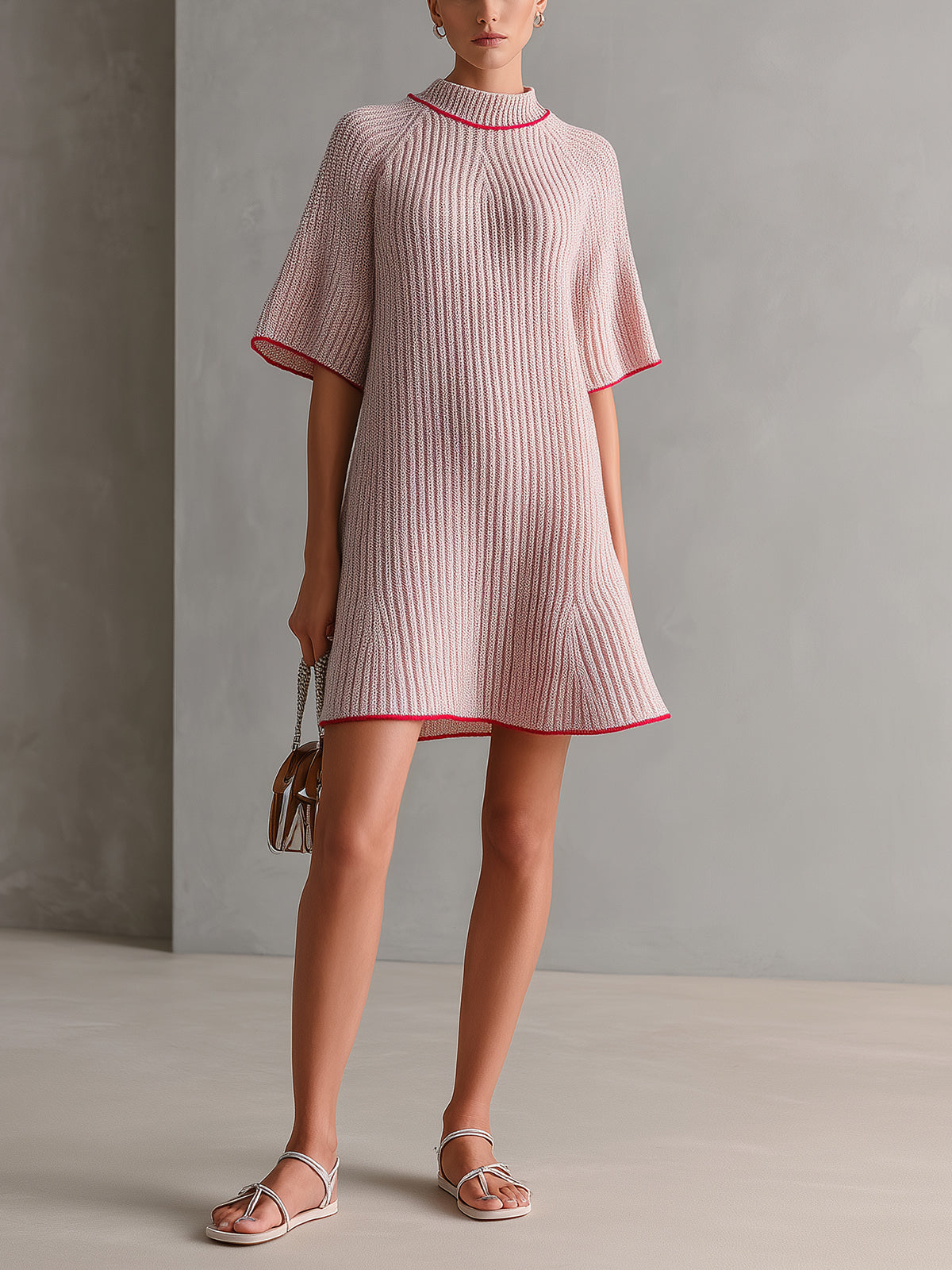 Chic Elegant Pink Mock Neck Contrast Trim Detail Short-Sleeve Loose-Fit A-Line Ribbed Knit Mini Dress