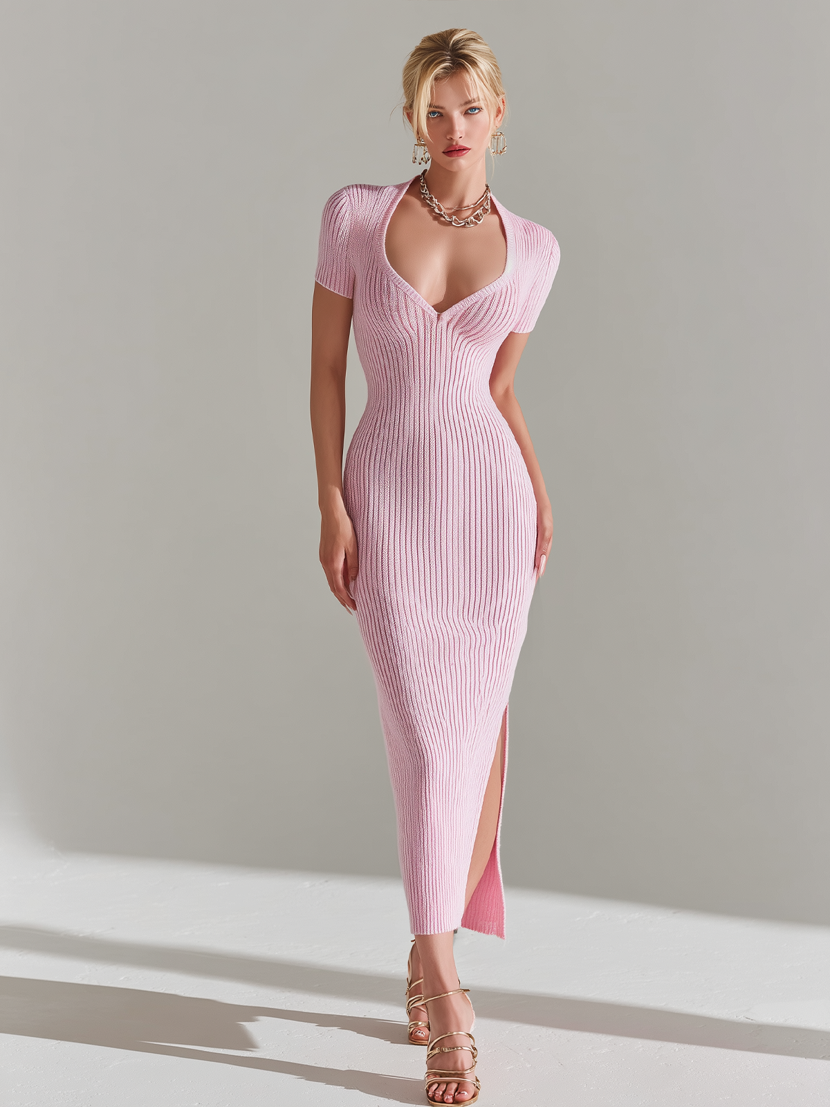 Chic Elegant Pink Heart-Shaped Neck Short-Sleeve Side Slit Slim-Fit Knit Maxi Dress