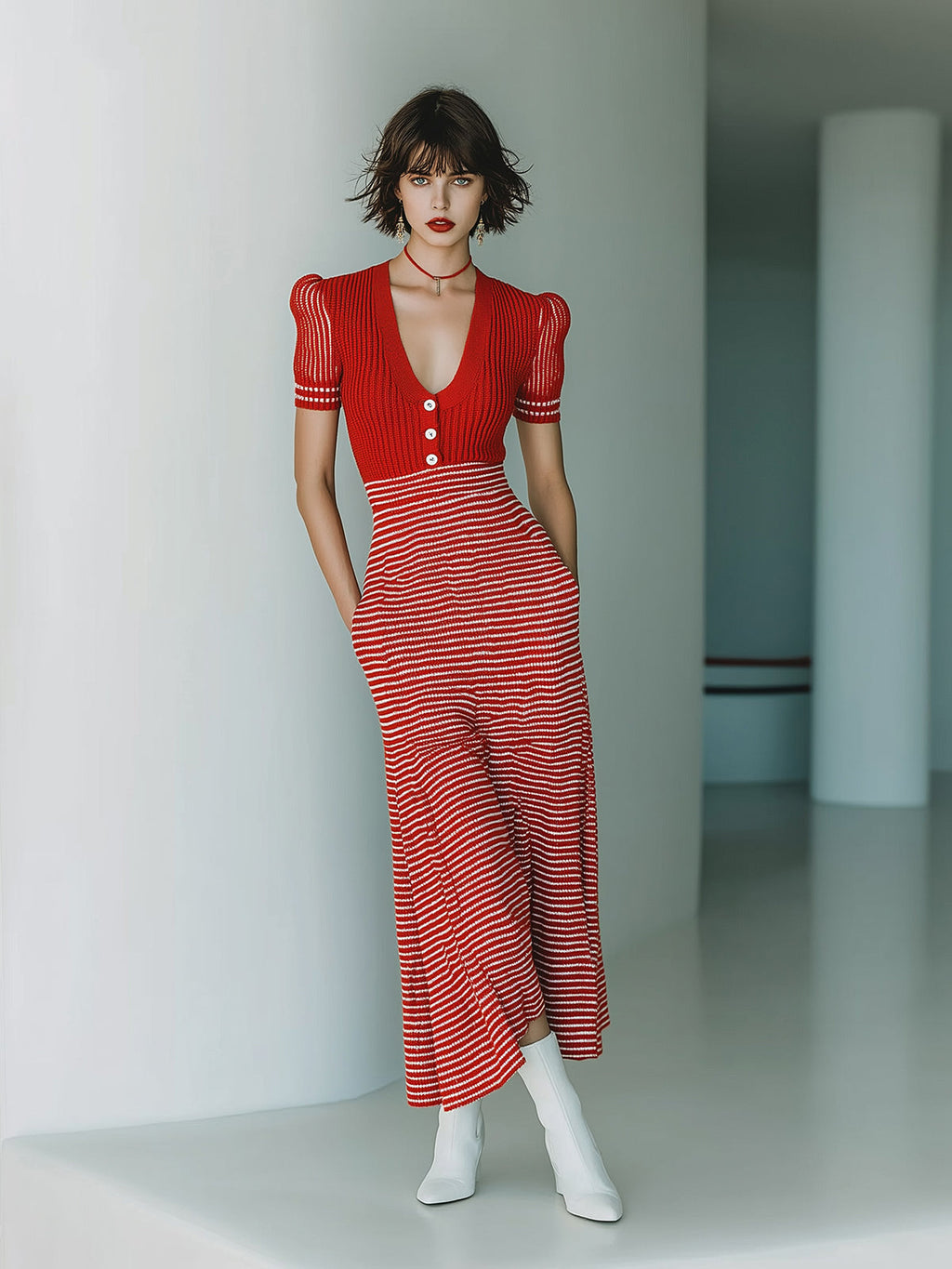 Chic Elegant Red Stripes Patchwork V-Neck Short-Sleeve Lace Detail Tailored Waist A-Line Hem Knit Maxi Dress