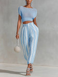 Chic Elegant Blue Short-Sleeve Loose-Fit Mesh Knit Top Blue-White Stripes Cotton Blend Cuffed Pants Two-Piece Set