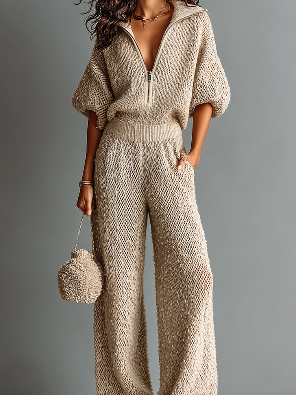 Chic Elegant Camel Zipper-Up Lapel Collar Half-Sleeve Loose-Fit Sweater Wide-Leg Pants Knit Two-Piece Set