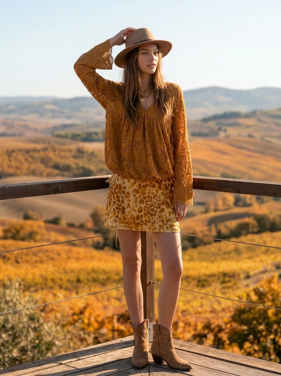 Bohemian Retro Ochre Lace V Neck Long Sleeve Top And Leopard Print Mini Skirt Set