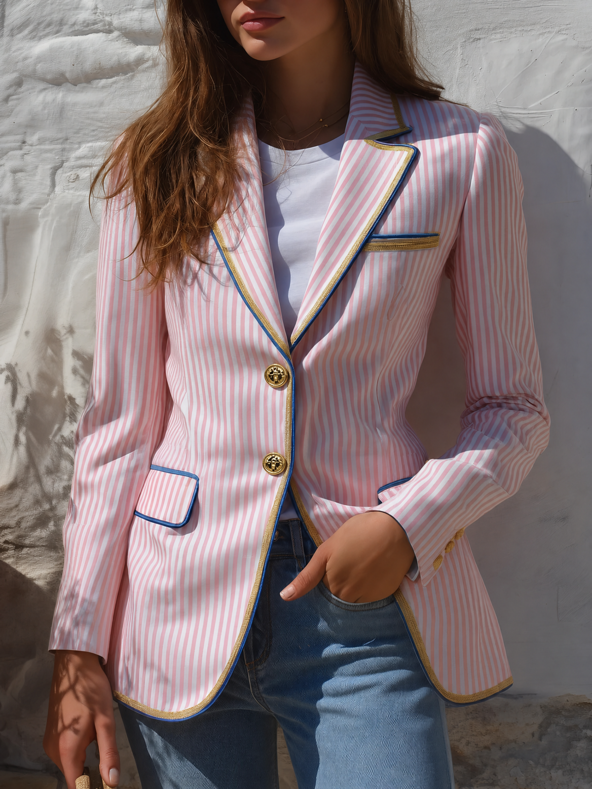 Classic Retro Striped Multi-pocket Blazer