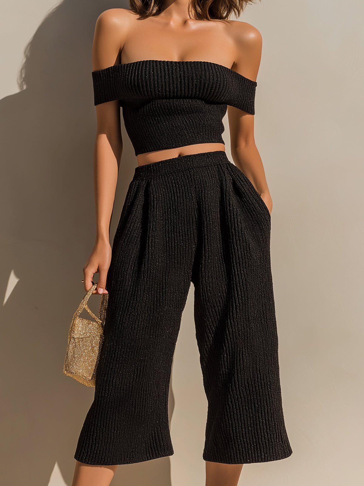 Chic Elegant Black Off-The-Shoulder Slim-Fit Cropped Top Wide-Leg Cropped Pants Ribbed Knit Two-Piece Set