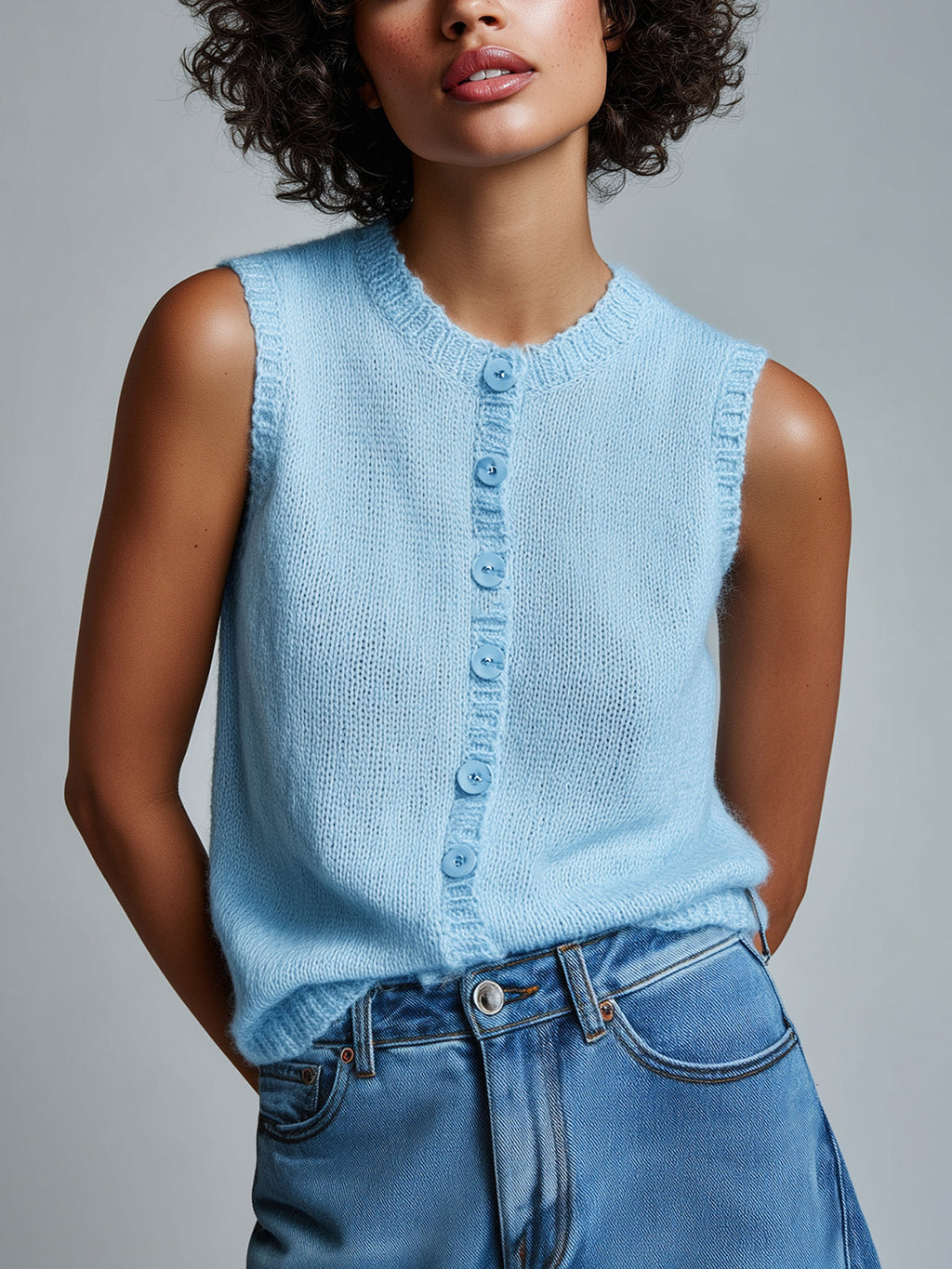 Chic Vintage Light Blue Round-Neck Sleeveless Single-Breasted Loose-Fit Knit Vest Top