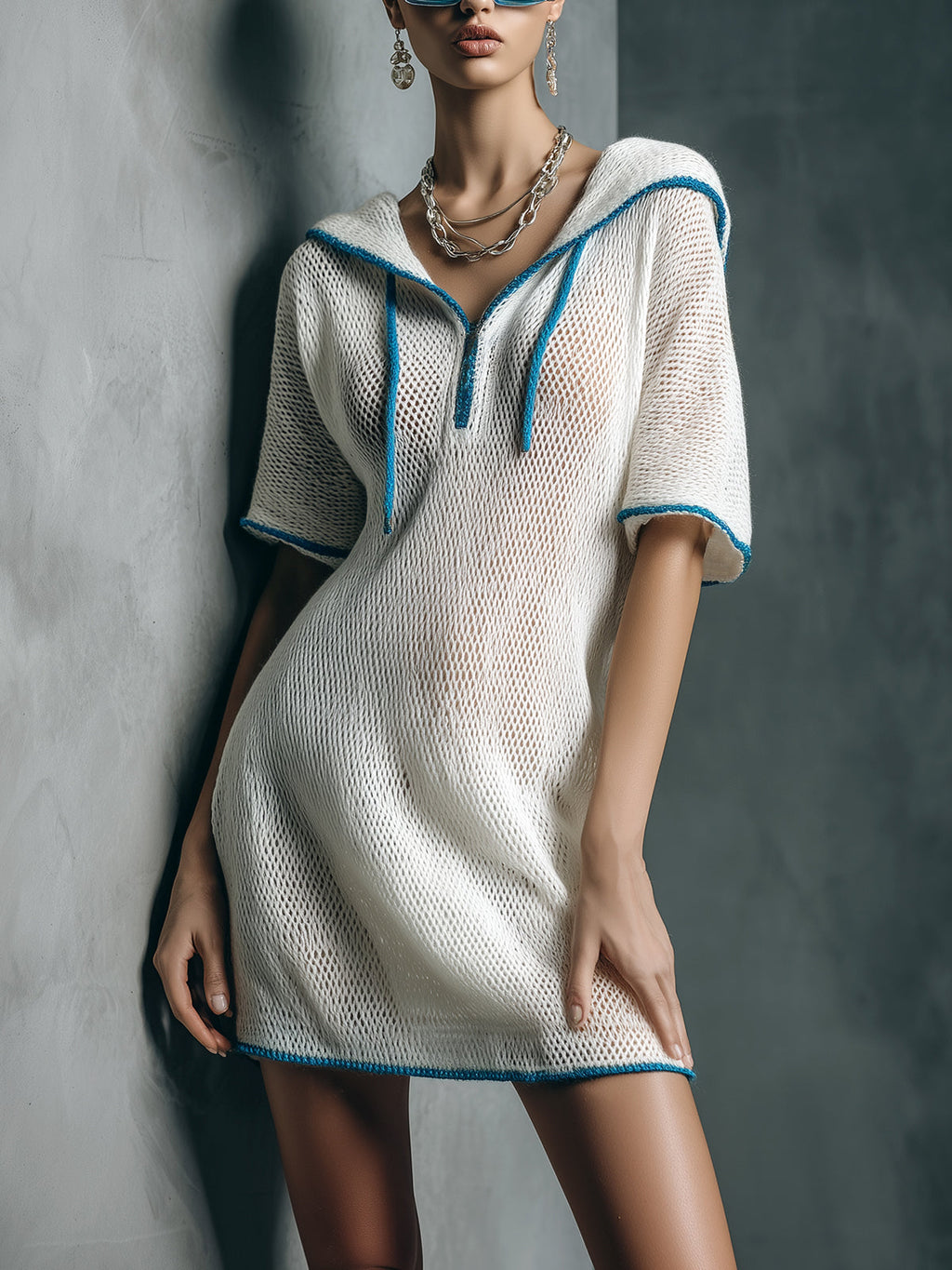 Chic Casual Cream White Hooded V-Neck Short-Sleeve Loose-Fit Contrast Trim Knit Mini Dress