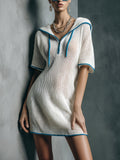 Chic Casual Cream White Hooded V-Neck Short-Sleeve Loose-Fit Contrast Trim Knit Mini Dress
