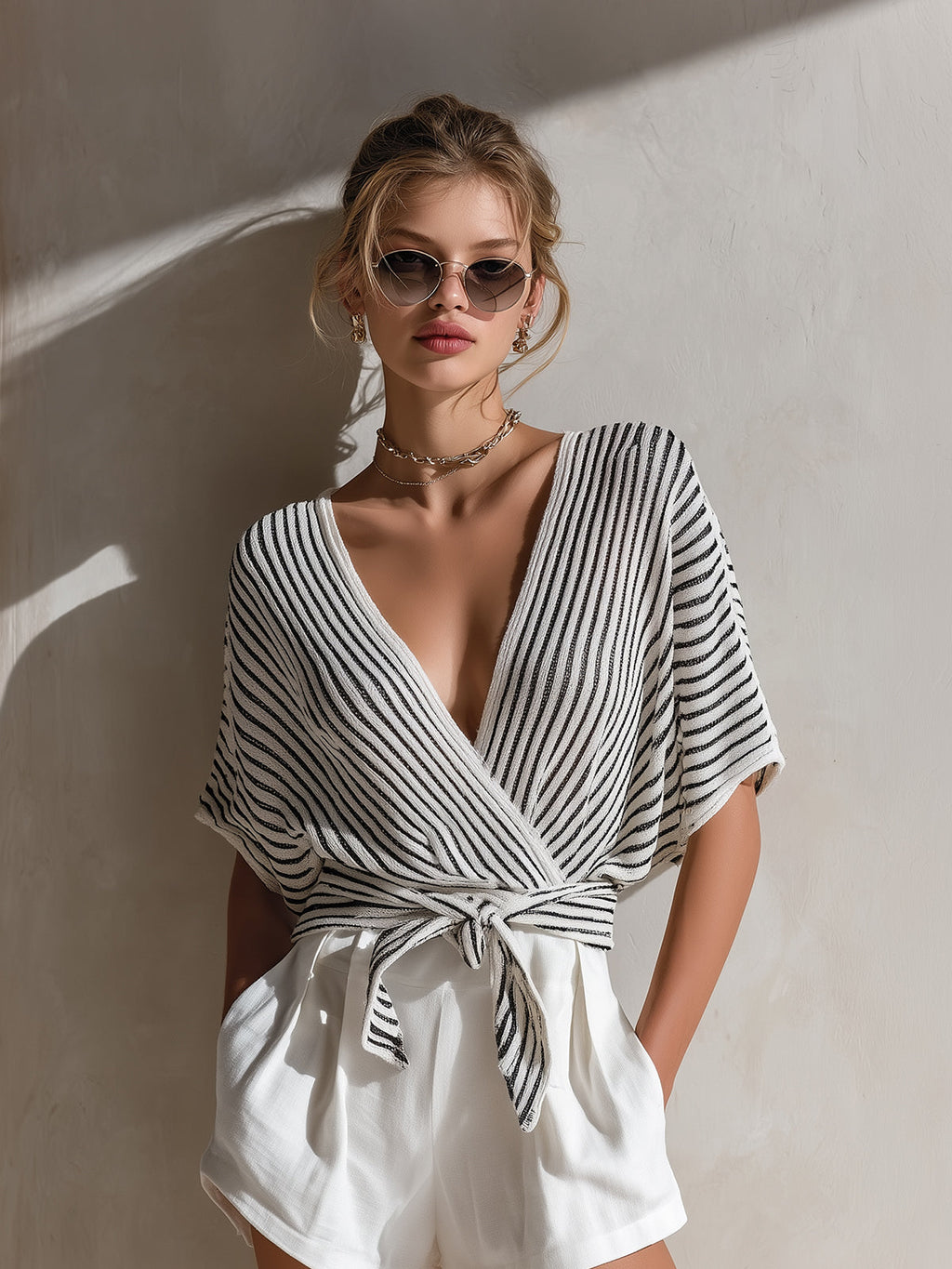 Chic Elegant Black-White Pinstripe Cross V-Neck Short-Sleeve Tie Waist Loose Fit Knit Sweater Top