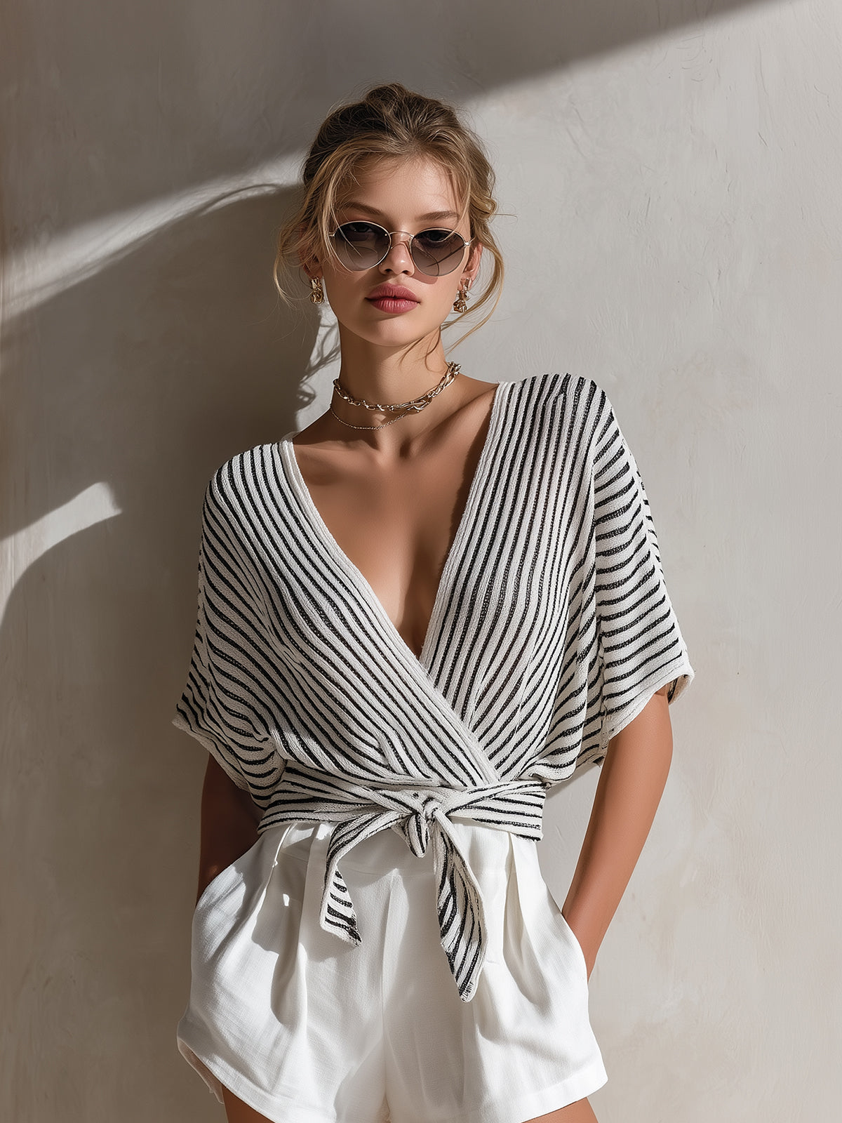 Chic Elegant Black-White Pinstripe Cross V-Neck Short-Sleeve Tie Waist Loose Fit Knit Sweater Top
