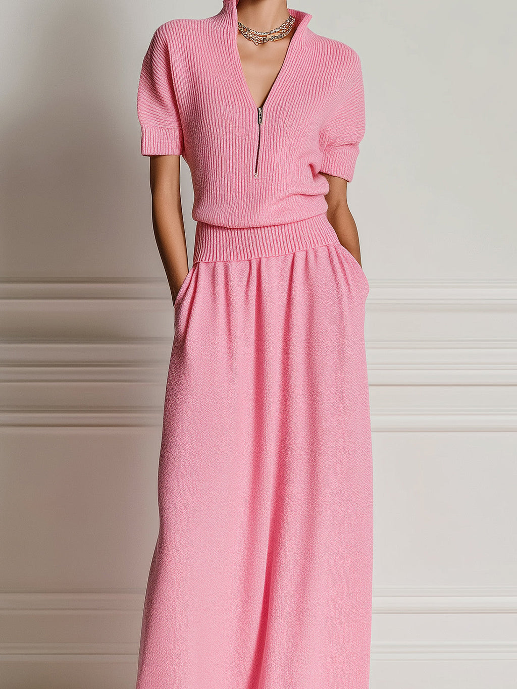 Chic Vintage Pink Zipper-Up V-Neck Short-Sleeve Loose-Fit Sweater A-Line Maxi Dress Knit Two-Piece Set
