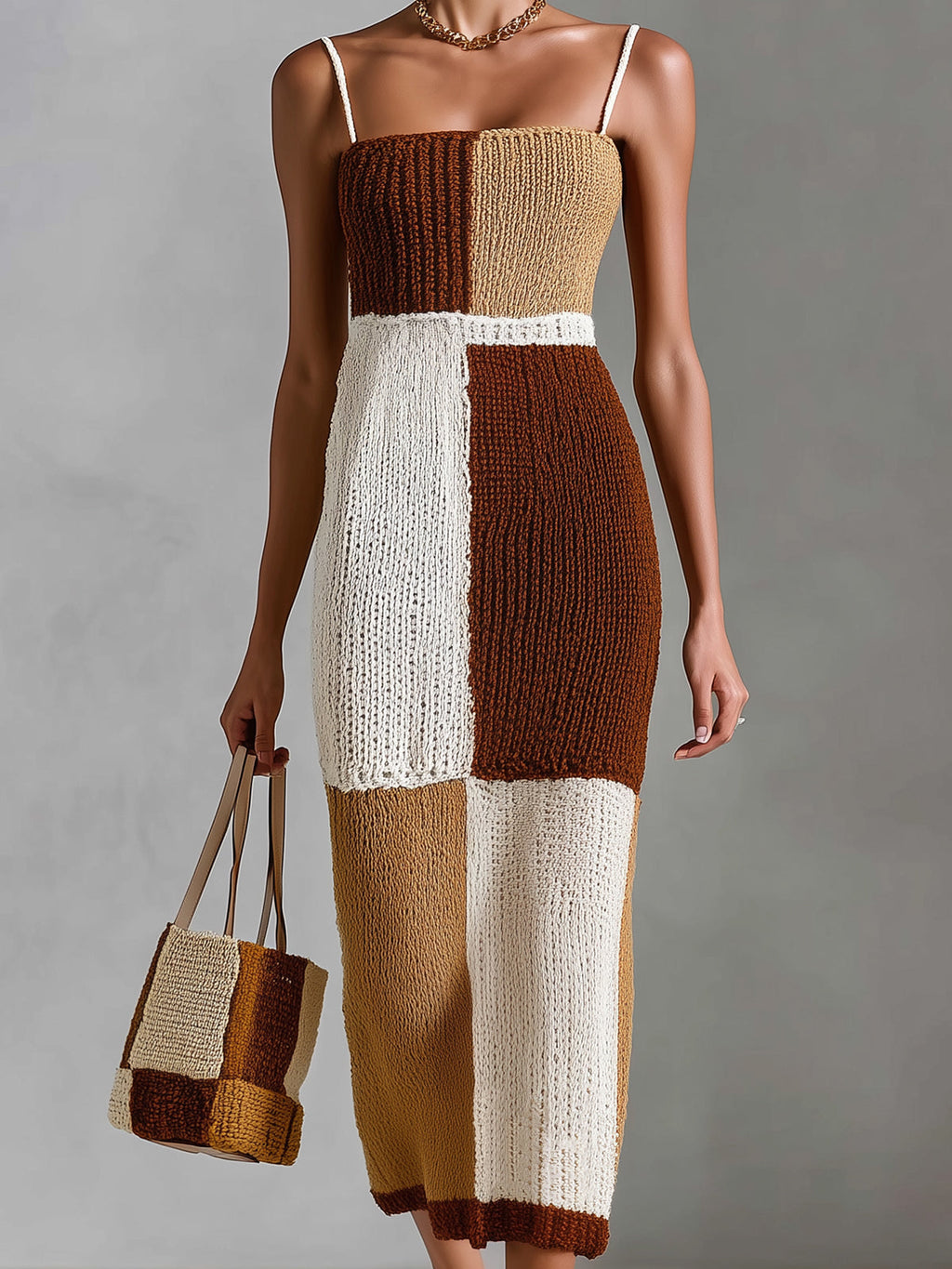 Chic Elegant Brown-Camel Colorblock Strappy Sleeveless Tailored-Waist Breathable Knit Maxi Dress