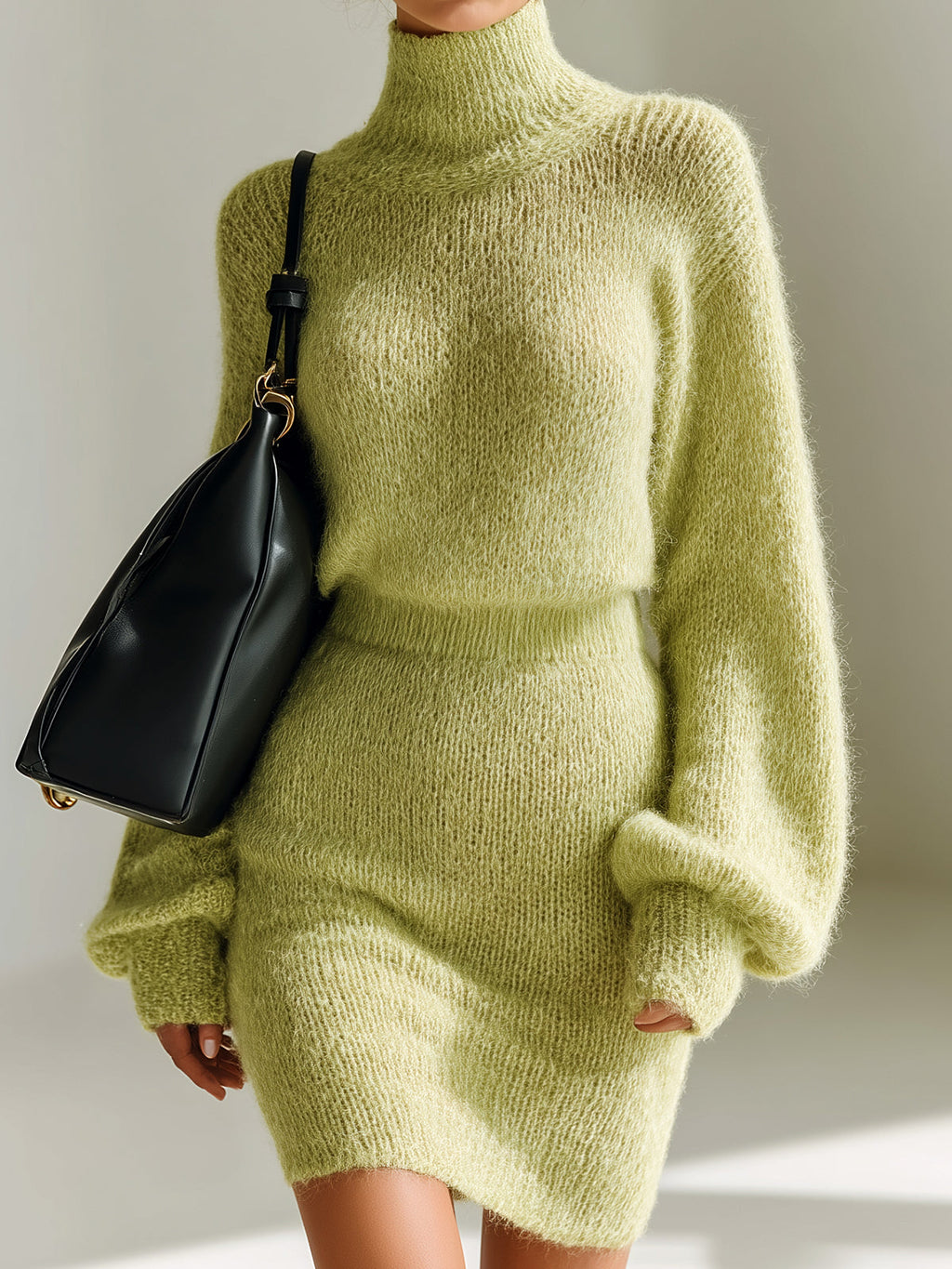 Chic Elegant Turtle Neck Long Lantern Sleeve Sweater Bodycon Mini Skirt Mohair Knit Two-Piece Set