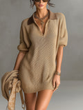 Chic Elegant Camel-Brown Colorblock Lapel V-Neck Short-Sleeve Loose-Fit Knit Mini Dress