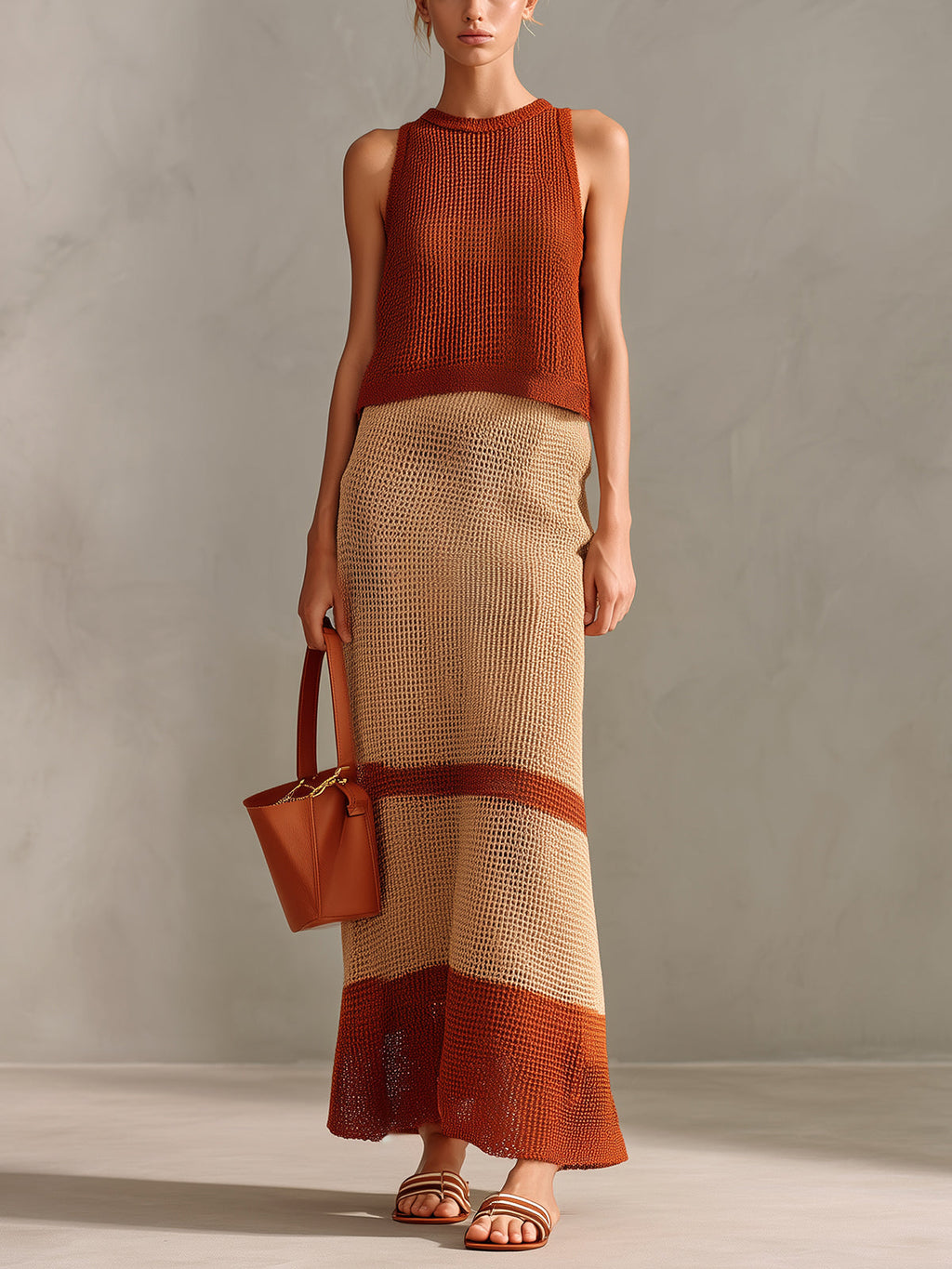 Chic Elegant Caramel-Beige Colorblock Round Neck Sleeveless Vest A-Line Maxi Skirt Knit Two-Piece Set