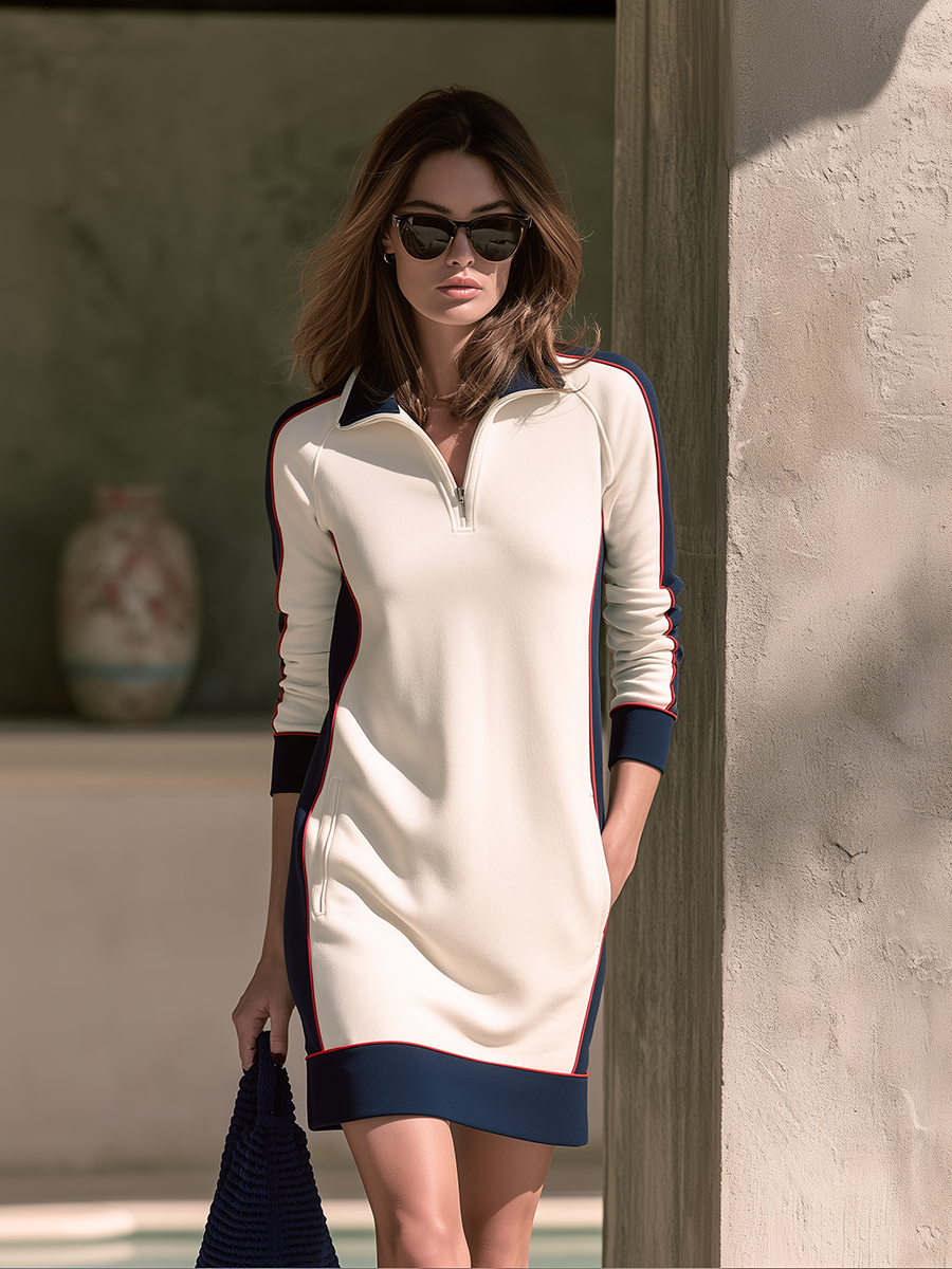 Casual Half-Zip Colorblock Long-Sleeve Mini Dress