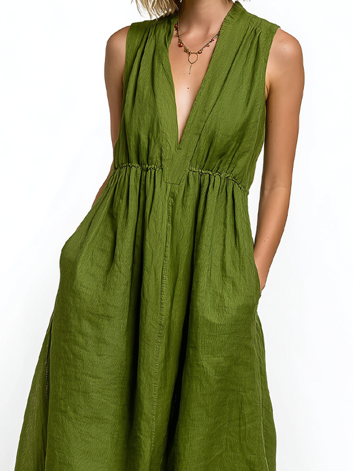 Chic Elegant Green V-Neck Sleeveless Slim-Fit A-Line Zipper Cotton-linen Blend Maxi Dress