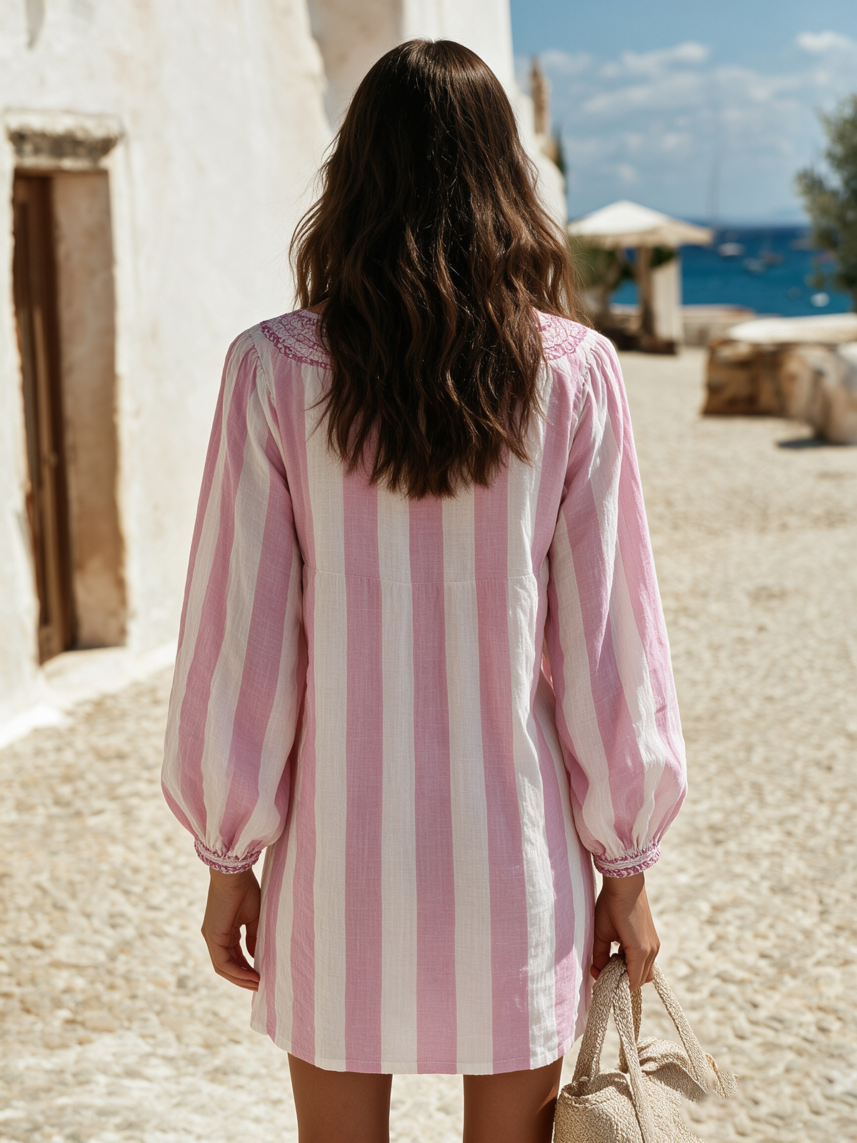 Vacation-style Striped V-neck And Long Sleeves Mini Dress