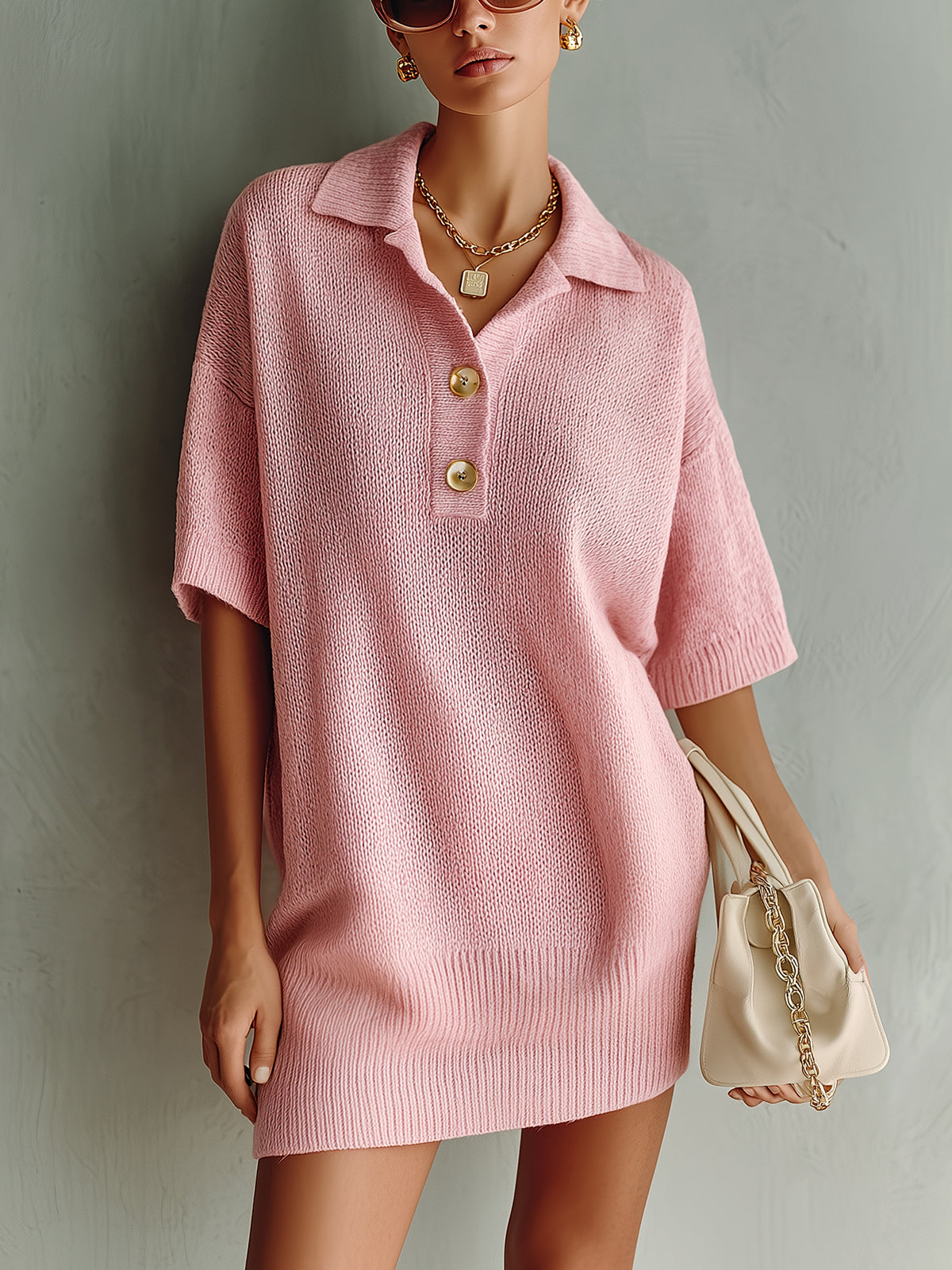 Chic Elegant Pink Button-Up Lapel Collar Short-Sleeve Oversize Knit Mini Dress