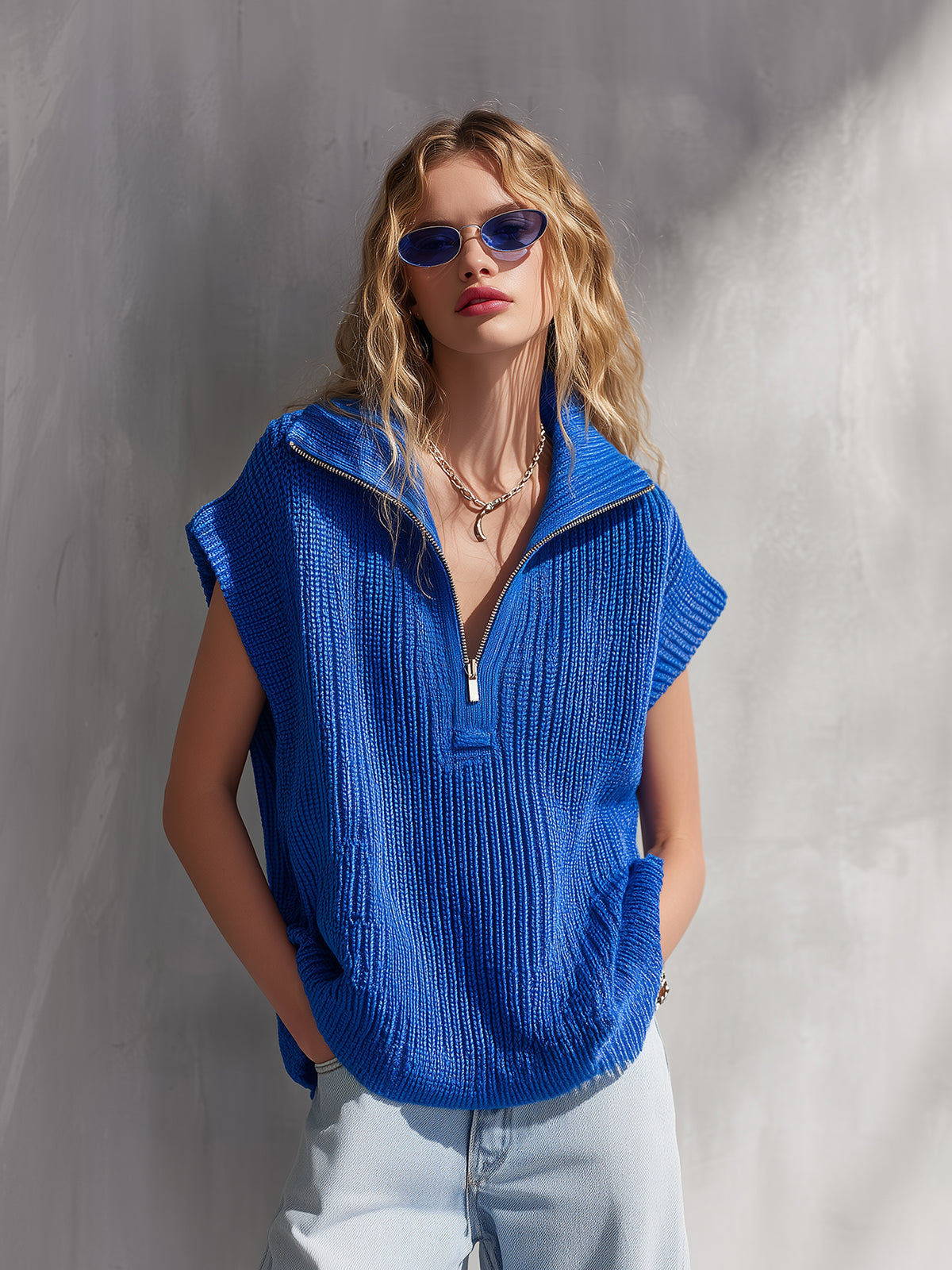 Chic Elegant Royal Blue Zipper-Up Lapel Collar Sleeveless Oversize Ribbed Knit Vest Top