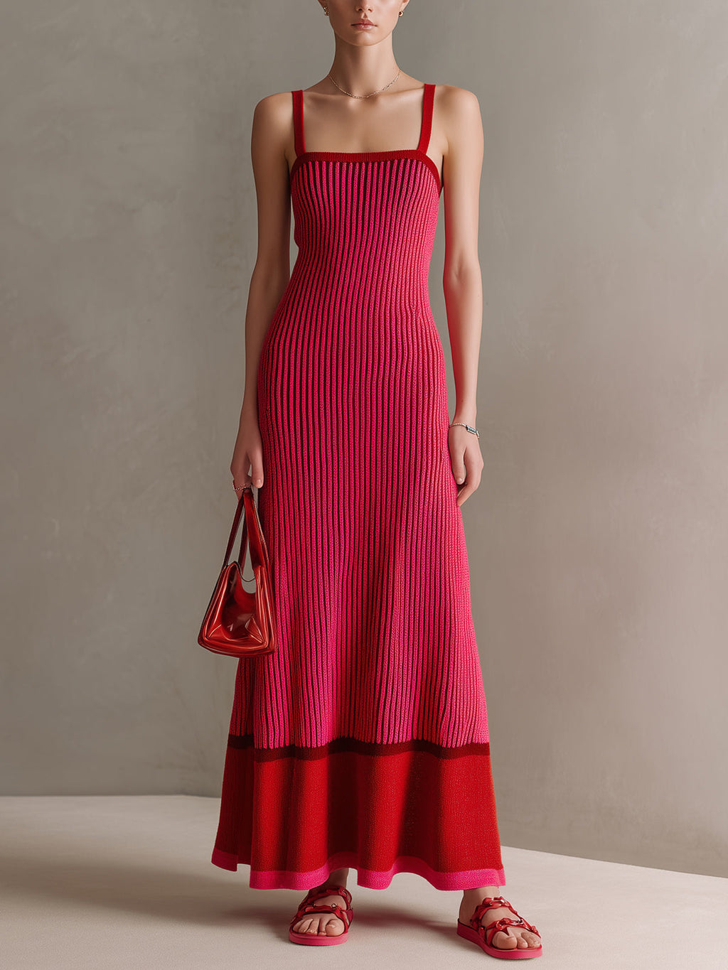Chic Elegant Hot Pink-Red Colorblock Thin Straps Square Neck Sleeveless Tailored Waist A-Line Ribbed Knit Maxi Dress