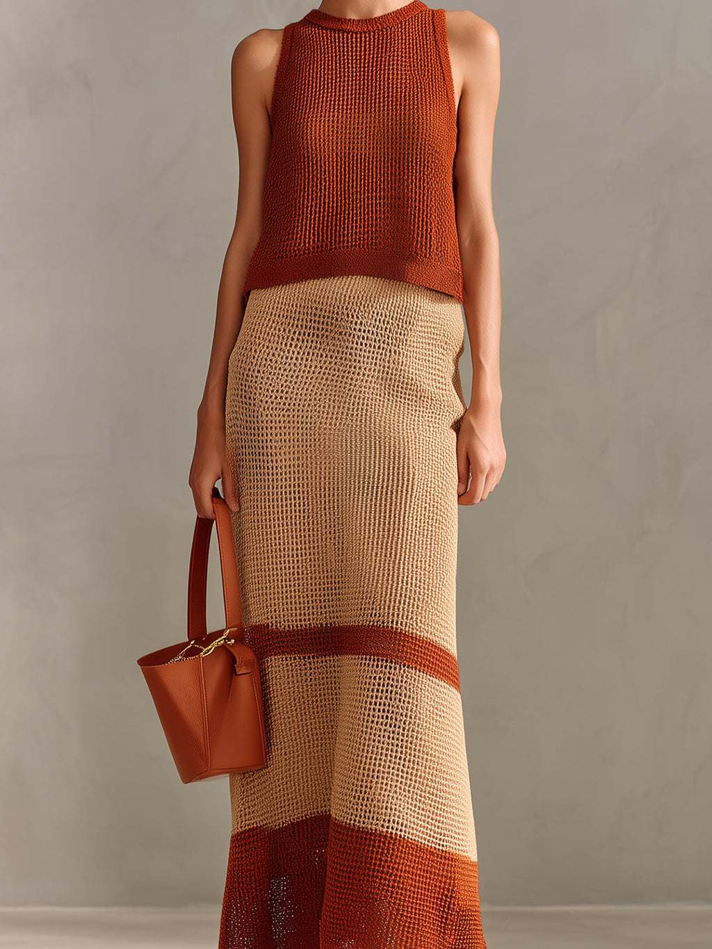 Chic Elegant Caramel-Beige Colorblock Round Neck Sleeveless Vest A-Line Maxi Skirt Knit Two-Piece Set