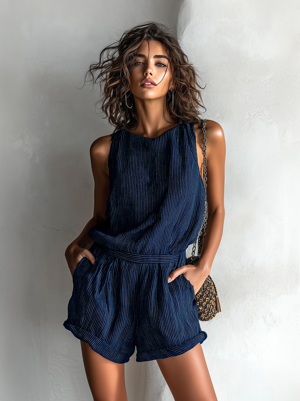 Chic Casual Black Stripe Linen Blend Boat-Neck Sleeveless Tailored-Waist Loose-Fit Romper