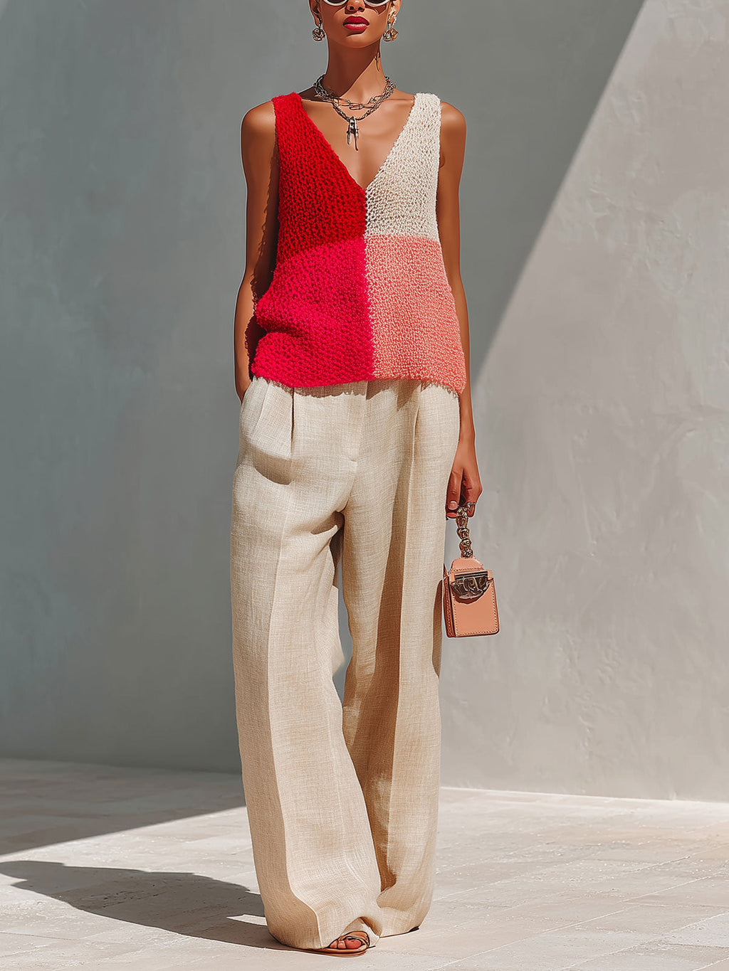 Chic Elegant Red Colorblock V-Neck Sleeveless Knit Tank Top Beige Linen Blend Wide-Let Pants Two-Piece Set