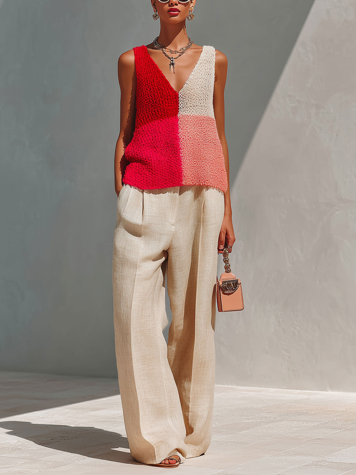 Chic Elegant Red Colorblock V-Neck Sleeveless Knit Tank Top Beige Linen Blend Wide-Let Pants Two-Piece Set