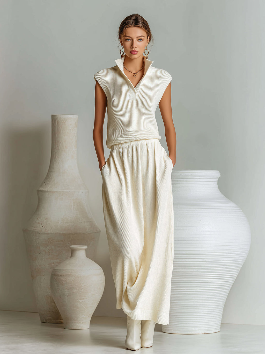 Chic Elegant Cream White Stand Collar V-Neck Sleeveless Loose-Fit Top A-Line Maxi Dress Knit Two-Piece Set