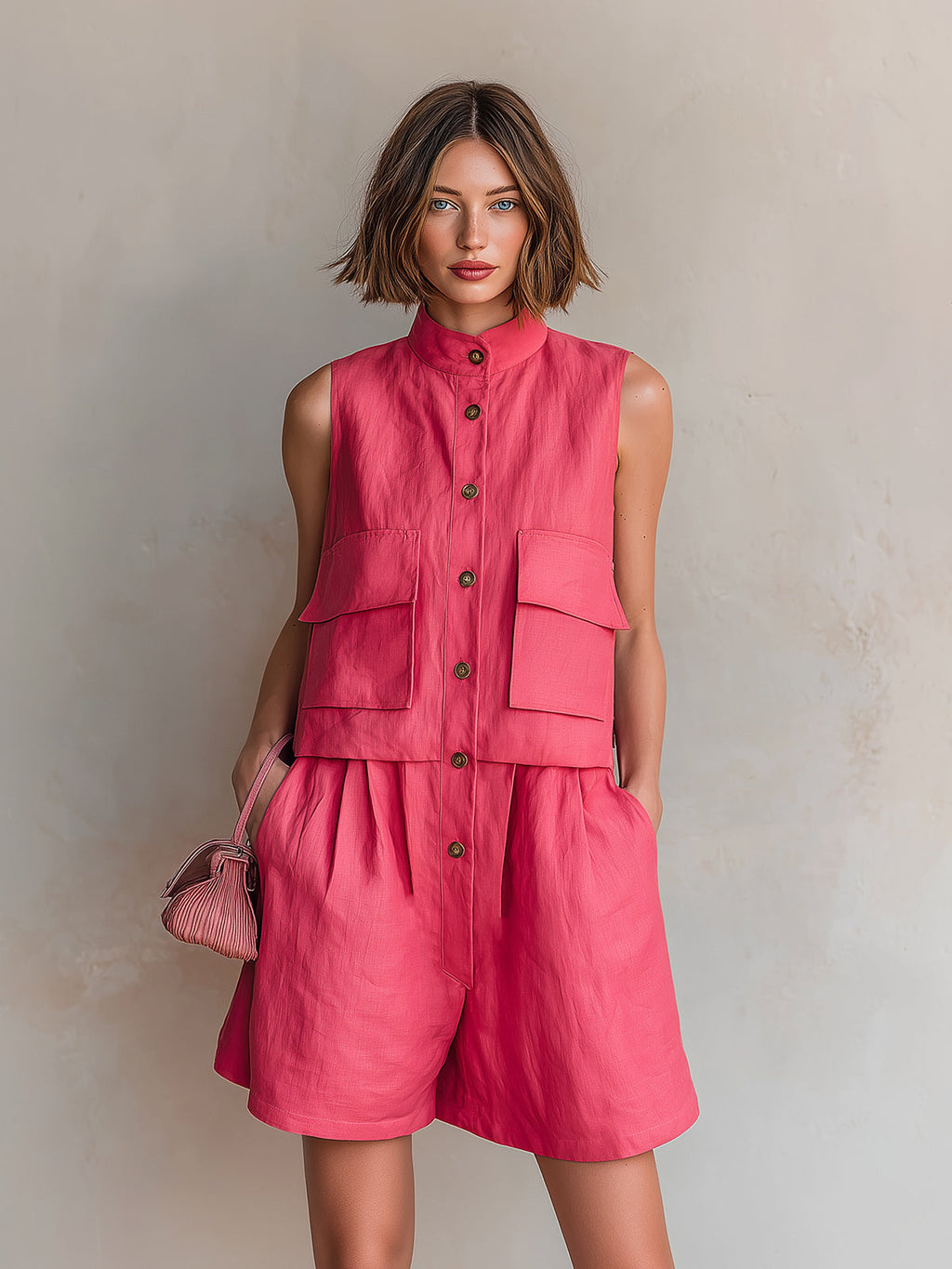 Chic Elegant Hot Pink Cotton Linen Blend Stand-Collar Button-Front Sleeveless Flap Pockets Loose-Fit Romper