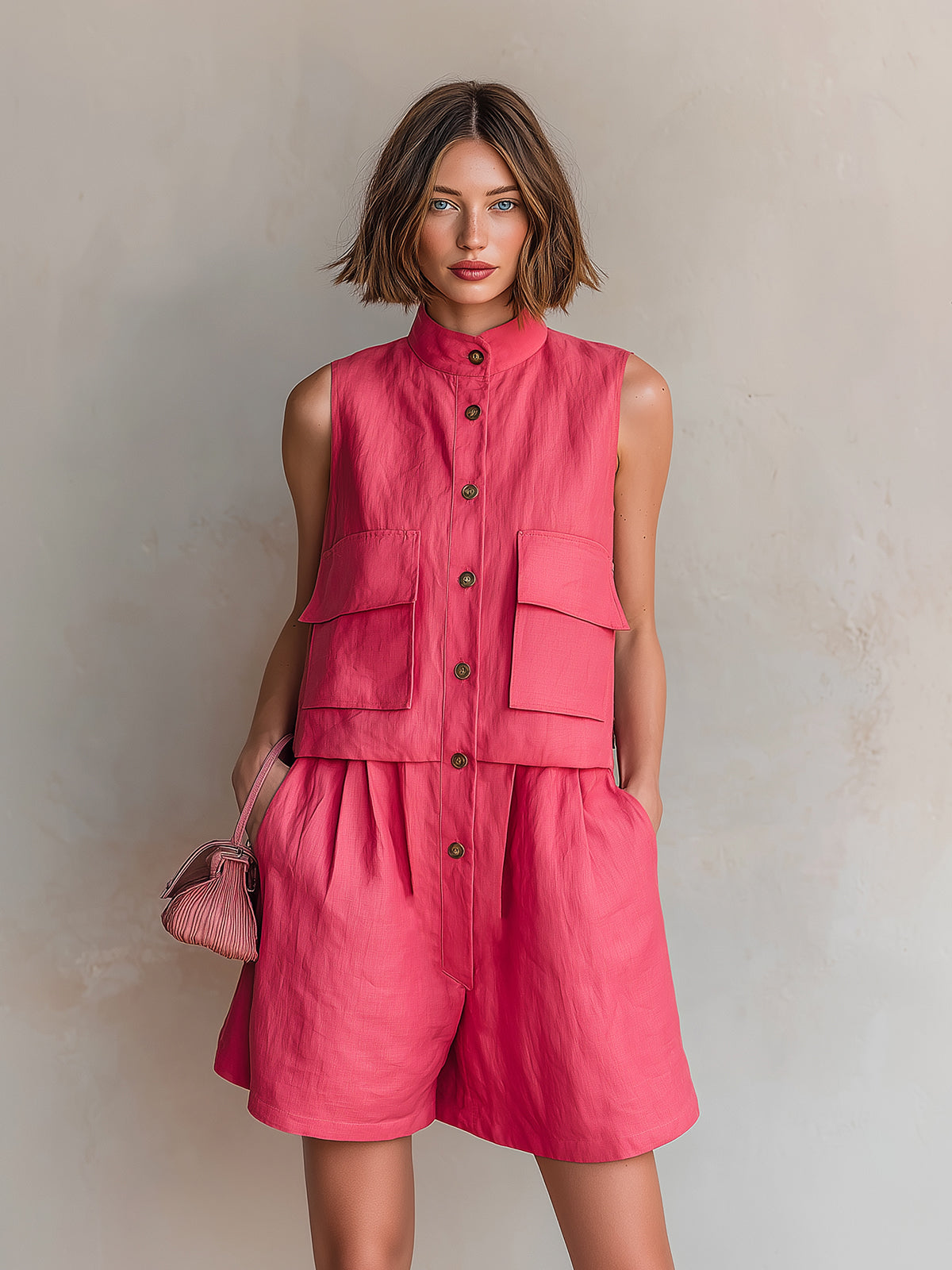 Chic Elegant Hot Pink Cotton Linen Blend Stand-Collar Button-Front Sleeveless Flap Pockets Loose-Fit Romper