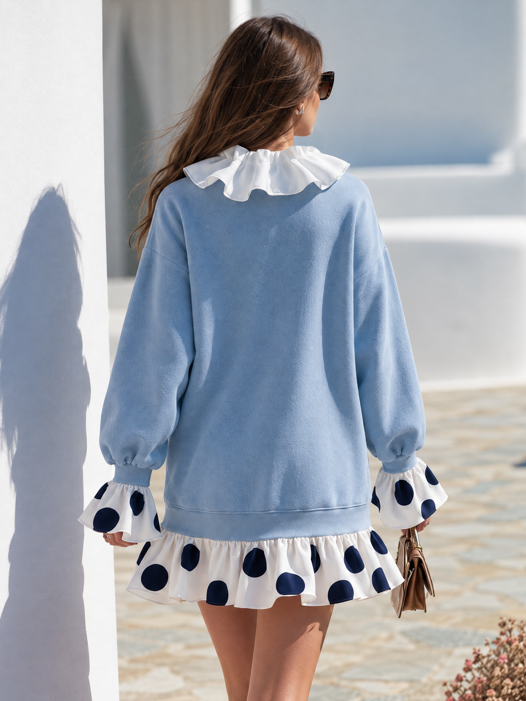 Retro Polka Dot Ruffled V-neck Sweatshirt Dress