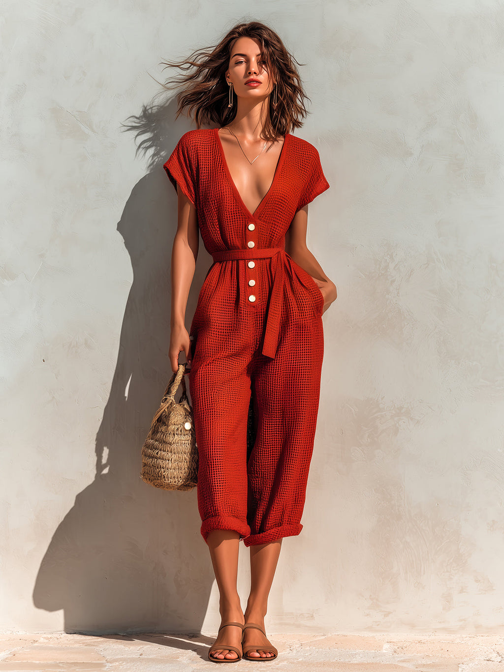 Chic Elegant Red Deep V-Neck Short-Sleeve Button-Front Loose-Fit Waffle Knit Cropped Jumpsuit