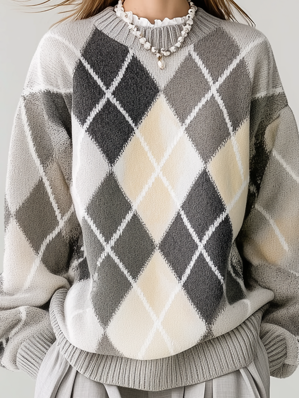 Chic Casual Argyle Plaid Gray White Round Neck Loose Knit Pullover Sweater