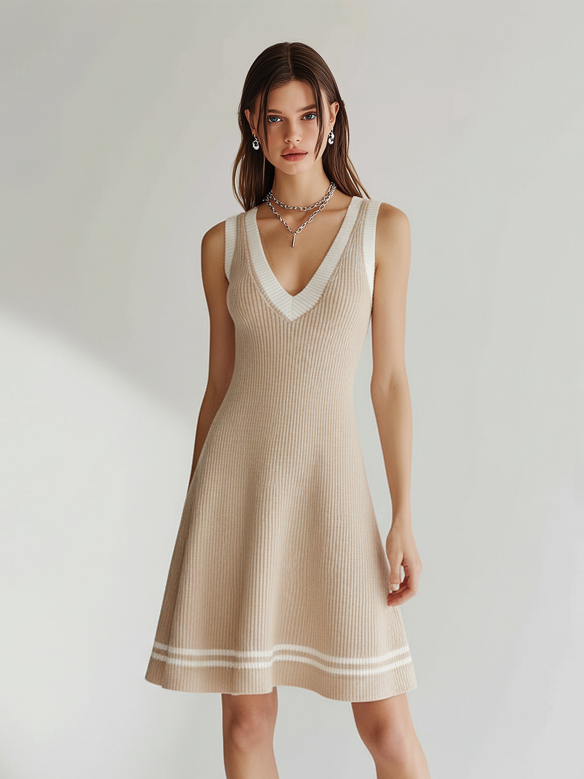 Chic Elegant Camel V-Neck Sleeveless Contrast Trim Tailored Waist A-Line Knit Mini Dress