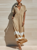 Chic Casual Camel Colorblock Lapel Collar V-neck Short-sleeved Loose Ribbed Knit Maxi Dress