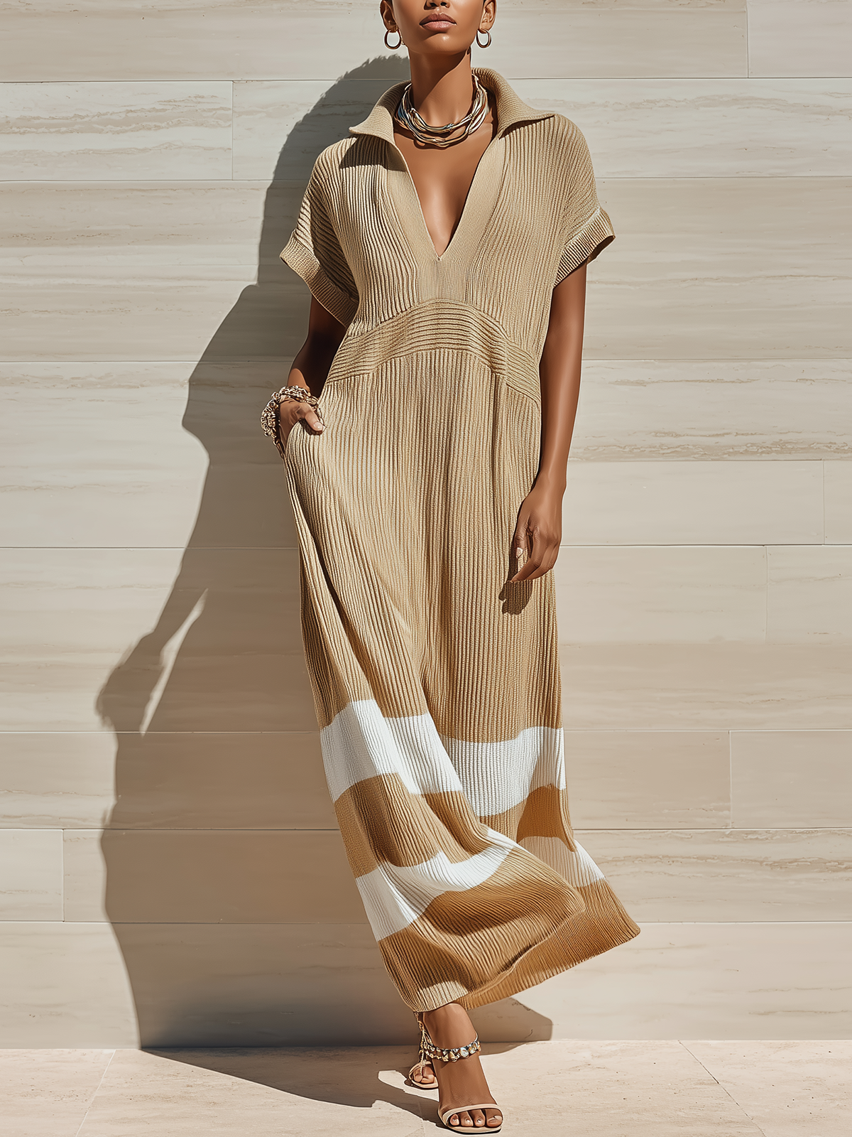 Chic Casual Camel Colorblock Lapel Collar V-neck Short-sleeved Loose Ribbed Knit Maxi Dress