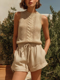 Chic Elegant Camel Round-Neck Loose-Fit Cable-Knit Vest Top  Cotton-Linen Blend Shorts Two-Piece Set