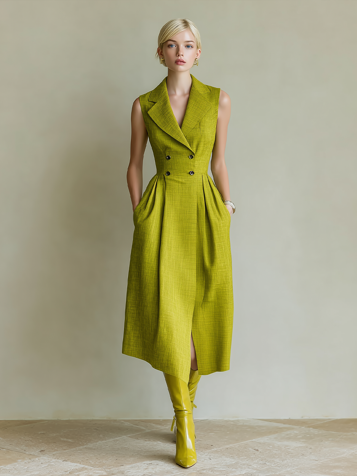 Chic Vintage Green Cotton-Linen Blend Notch Lapel Double-Breasted Sleeveless Loose Midi Shirt Dress