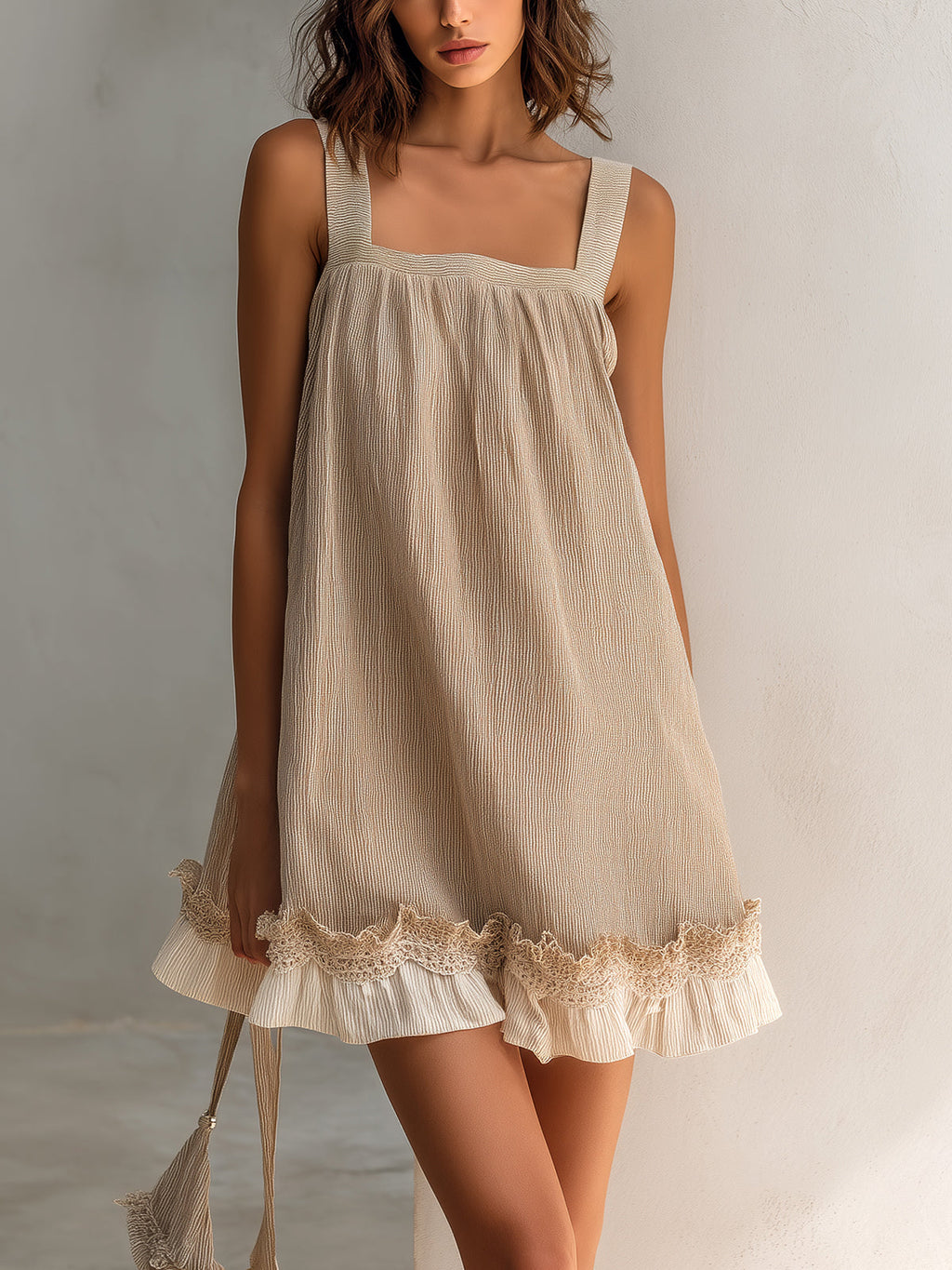 Chic Elegant Camel Stripes Cotton Blend Square-Neck Sleeveless Lace Trim Detail Loose-Fit A-Line Mini Dress
