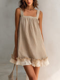 Chic Elegant Camel Stripes Cotton Blend Square-Neck Sleeveless Lace Trim Detail Loose-Fit A-Line Mini Dress