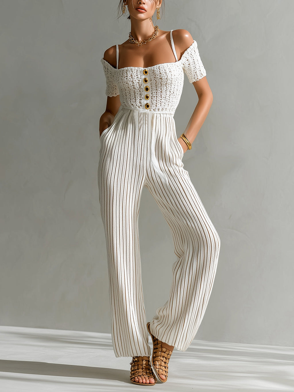 Chic Elegant White Off-The-Shoulder Square Neck Short-Sleeve Gold Button Detail Tailored Waist Wide Leg Crochet Ribbed Knit Jumpsuit