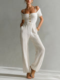 Chic Elegant White Off-The-Shoulder Square Neck Short-Sleeve Gold Button Detail Tailored Waist Wide Leg Crochet Ribbed Knit Jumpsuit