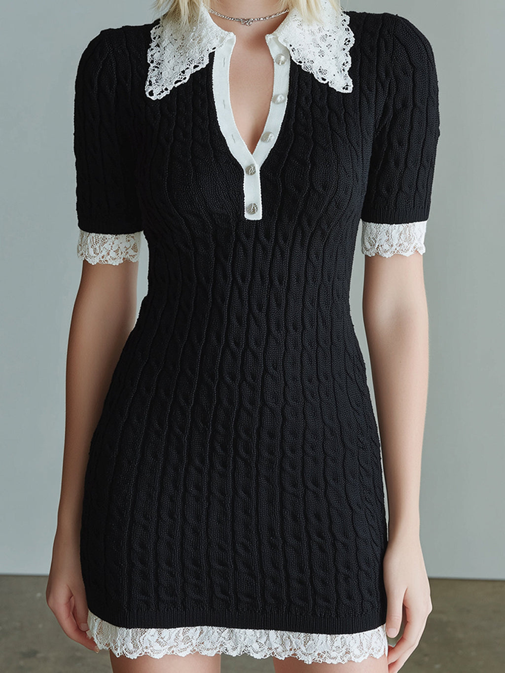 Chic Elegant Black Button-Up Lapel Collar Short-Sleeve Lace Trim Details Slim-Fit Cable-Knit Mini Dress