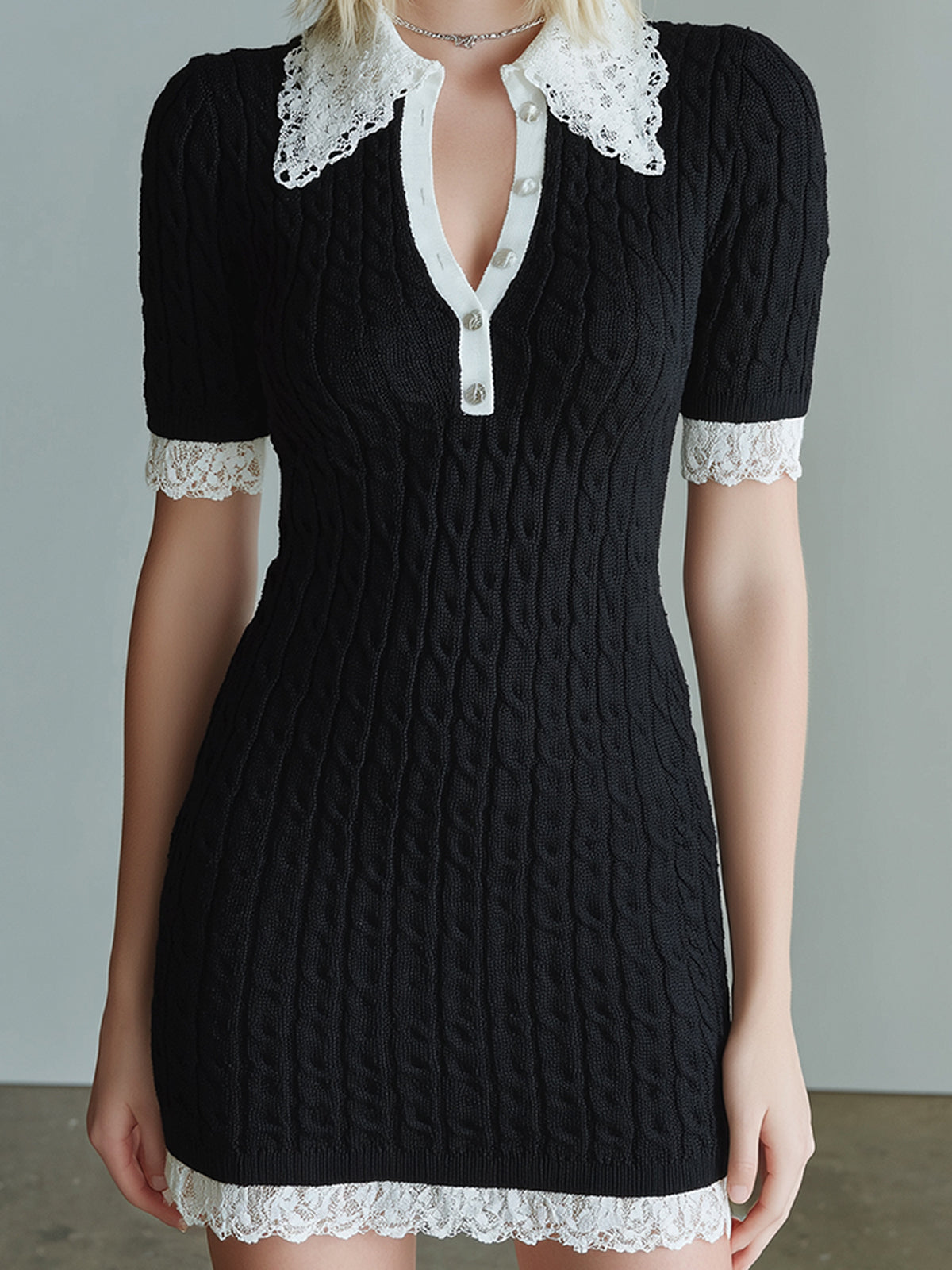 Chic Elegant Black Button-Up Lapel Collar Short-Sleeve Lace Trim Details Slim-Fit Cable-Knit Mini Dress