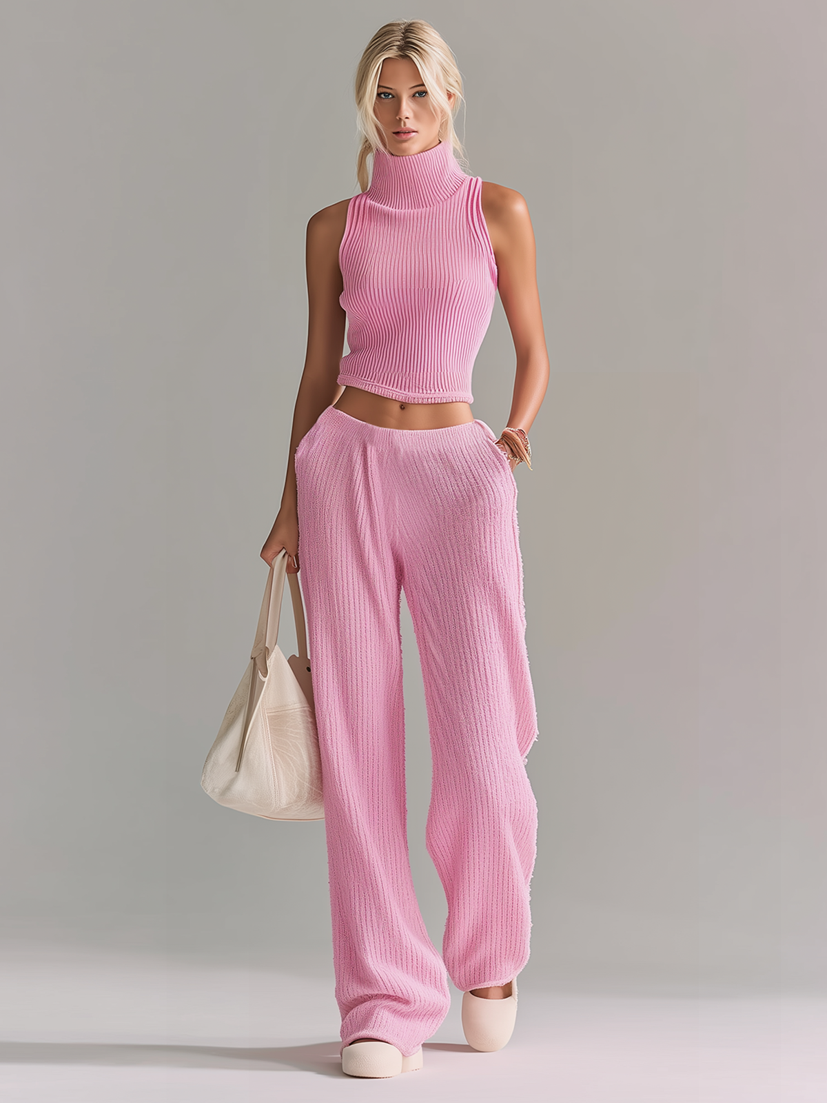 stylish Elegant Pink High-neck V-neck Sleeveless Loose Sweater Wide-leg Pants Knit Two-piece Set